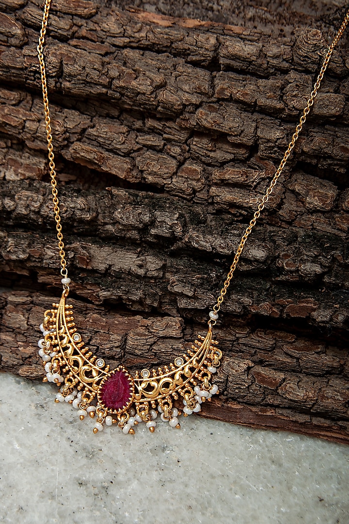 Gold Plated Ruby & Kundan Polki Necklace In Sterling Silver by Neeta Boochra Jewellery