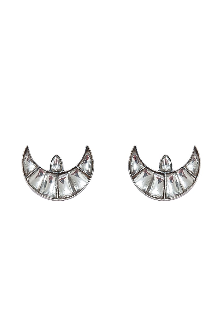 Silver Finish Kundan Polki Stud Earrings In Sterling Silver by Neeta Boochra Jewellery
