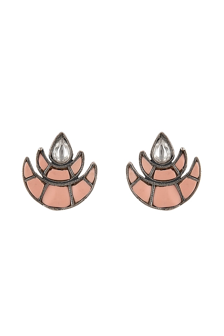 Silver Finish White & Pink Kundan Polki Stud Earrings In Sterling Silver by Neeta Boochra Jewellery at Pernia's Pop Up Shop