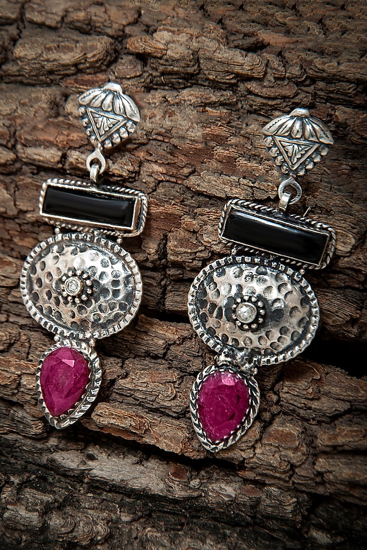 Silver Finish Black Onyx & Ruby Dangler Earrings In Sterling Silver by Neeta Boochra Jewellery