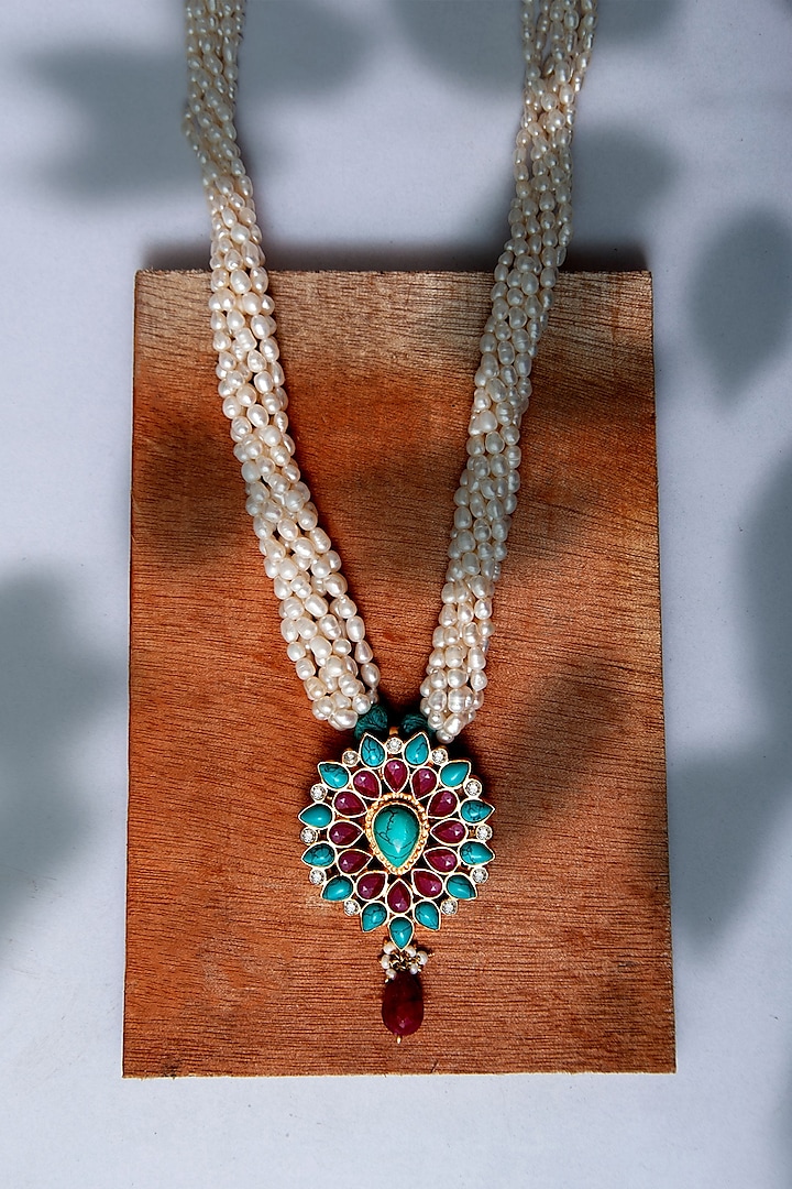 Gold Plated Turquoise & Ruby Necklace In Sterling Silver by Neeta Boochra Jewellery