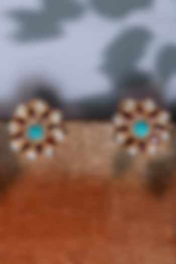 Gold Plated Turquoise & Ruby Stud Earrings In Sterling Silver by Neeta Boochra Jewellery