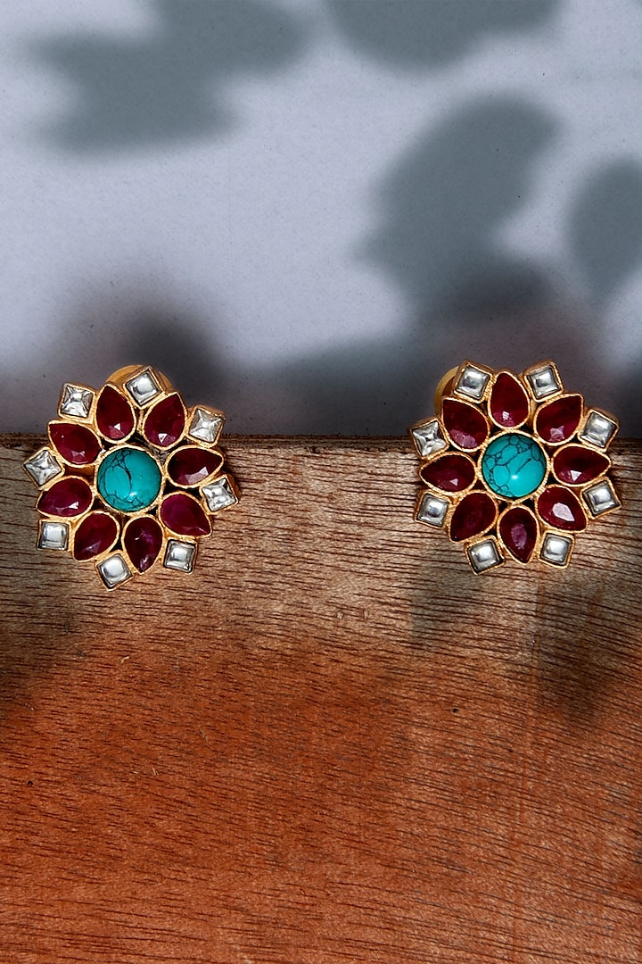 Gold Plated Turquoise & Ruby Stud Earrings In Sterling Silver by Neeta Boochra Jewellery