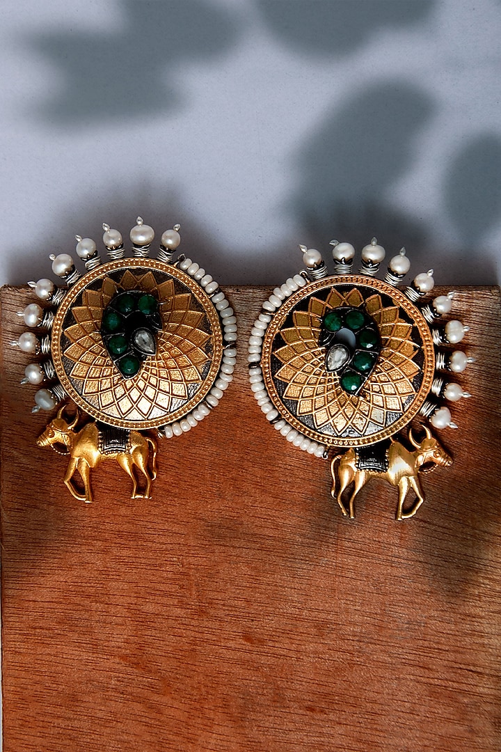 Two Tone Plated Green Onyx & Pearl Stud Earrings In Sterling Silver by Neeta Boochra Jewellery