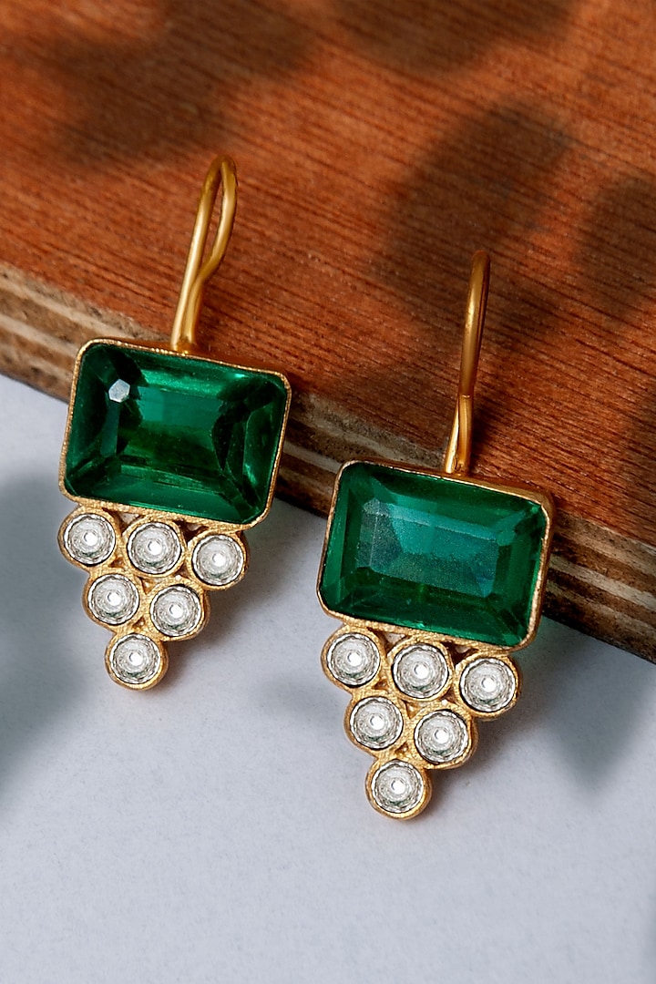 Gold Plated Kundan & Green Gemstone Dangler Earrings In Sterling Silver by Neeta Boochra Jewellery at Pernia's Pop Up Shop