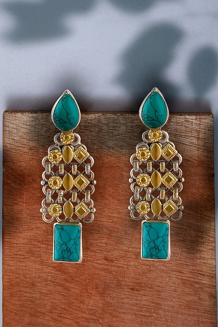 Two Tone Plated Turquoise Gemstone Dangler Earrings In Sterling Silver by Neeta Boochra Jewellery at Pernia's Pop Up Shop