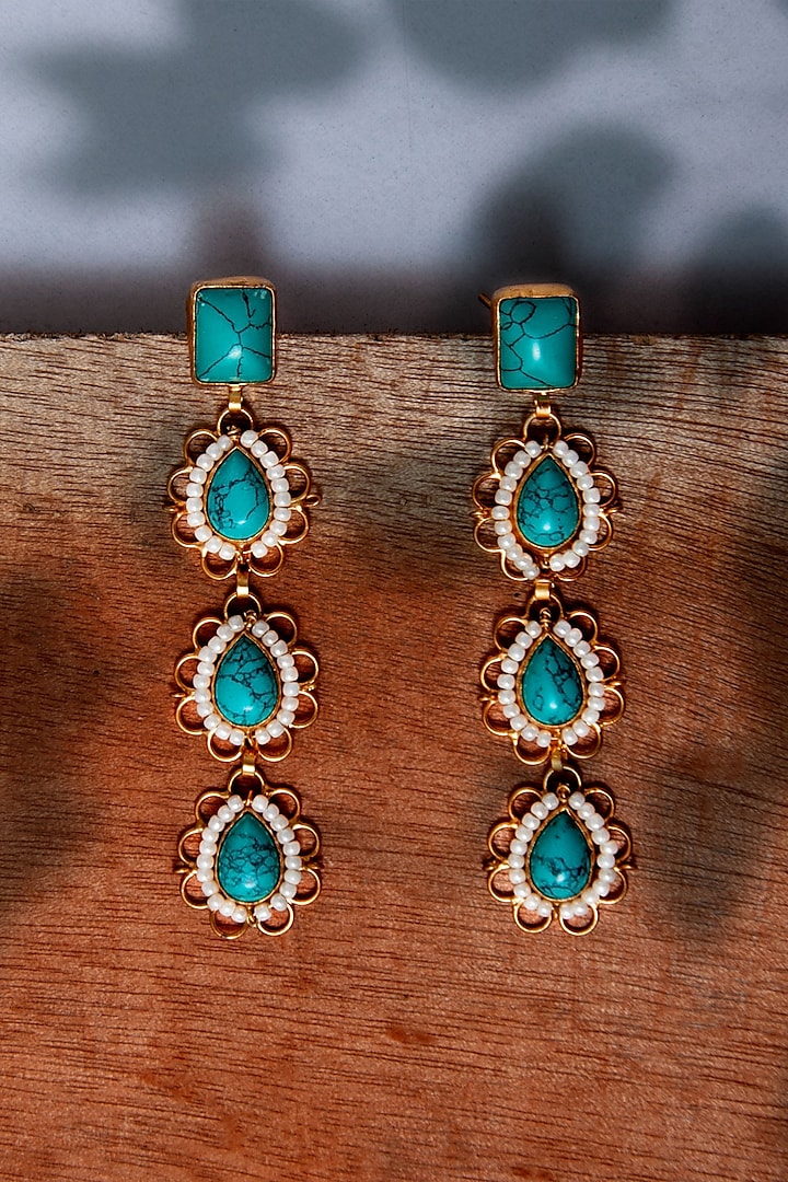 Gold Plated Turquoise & Pearl Dangler Earrings In Sterling Silver by Neeta Boochra Jewellery