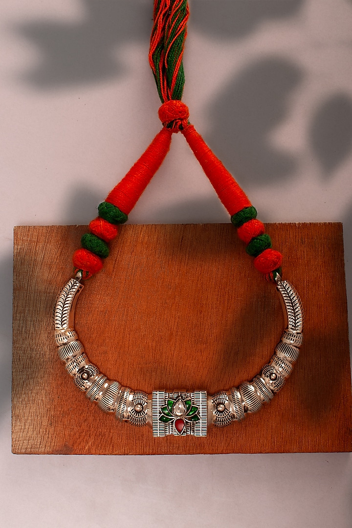 Multi-Colored Kundan Necklace In Sterling Silver by Neeta Boochra Jewellery