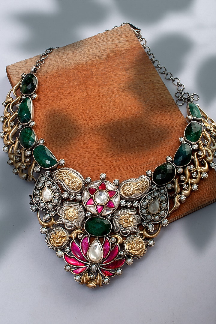 Two Tone Plated Labradorite & Pearl Necklace In Sterling Silver by Neeta Boochra Jewellery at Pernia's Pop Up Shop