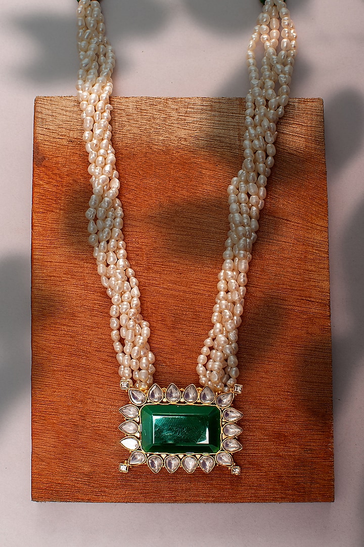 Gold Plated Green Onyx & Pearl Necklace In Sterling Silver by Neeta Boochra Jewellery