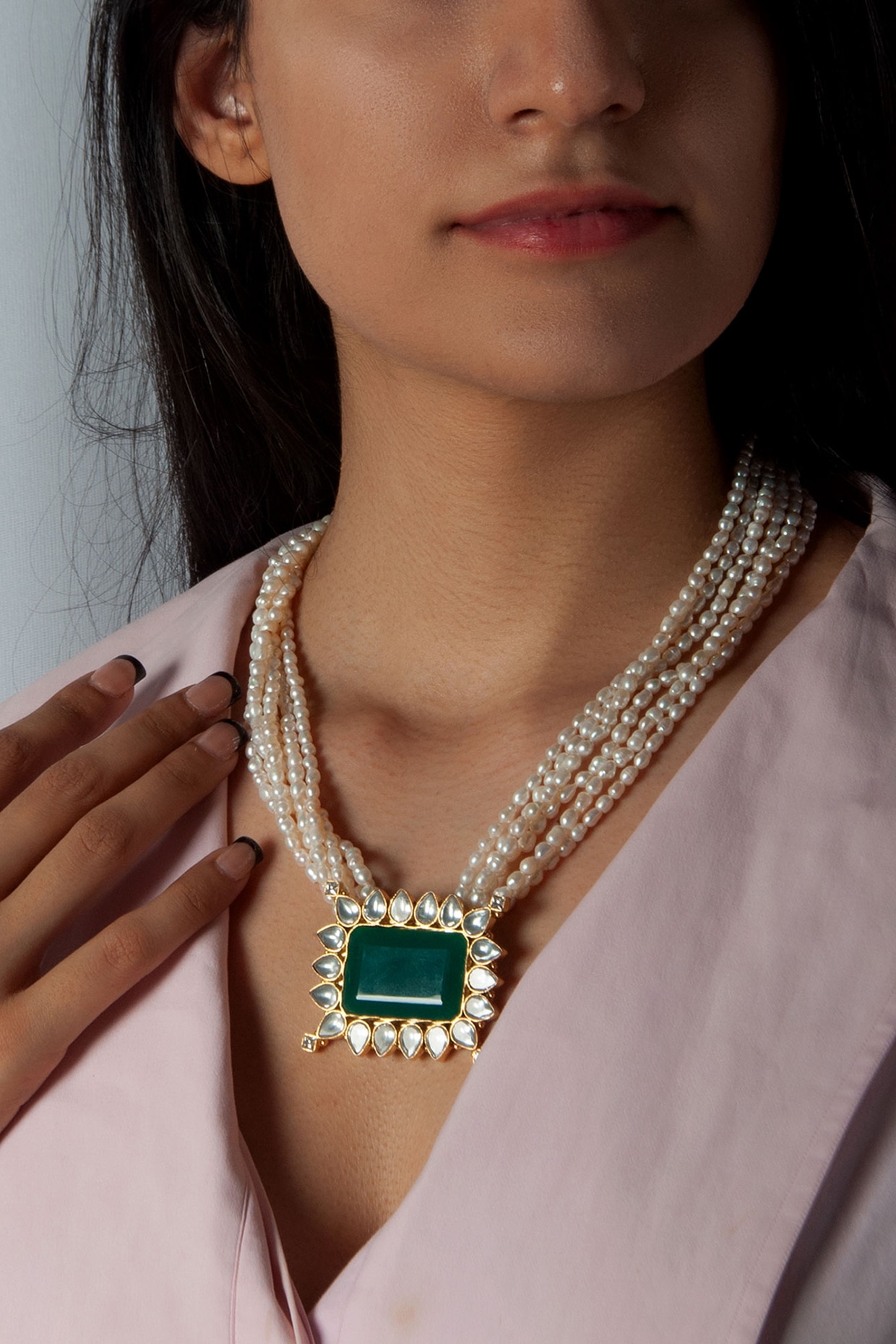 Gold Plated Green Onyx & Pearl Necklace In Sterling Silver Design by Neeta  Boochra Jewellery at Pernia's Pop Up Shop 2024