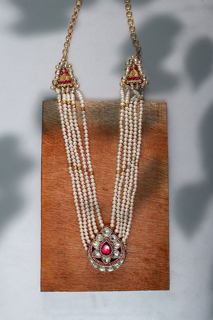 Gold Plated Pearl & Kundan Necklace In Sterling Silver by Neeta Boochra Jewellery