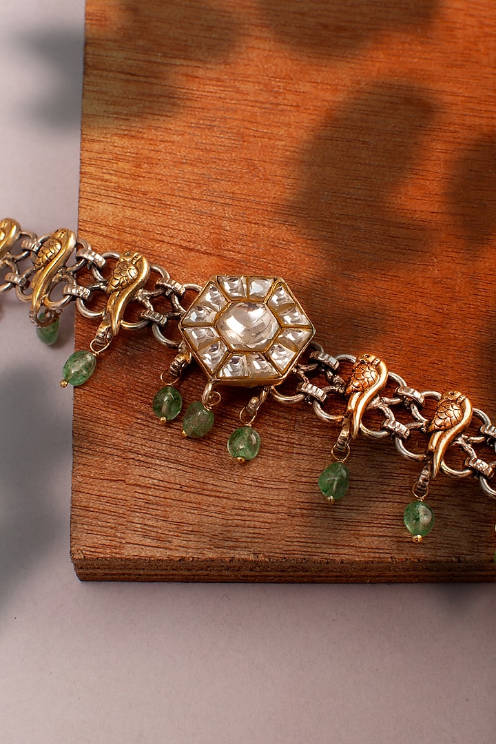 Two Tone Plated Quartz & Kundan Necklace In Sterling Silver by Neeta Boochra Jewellery