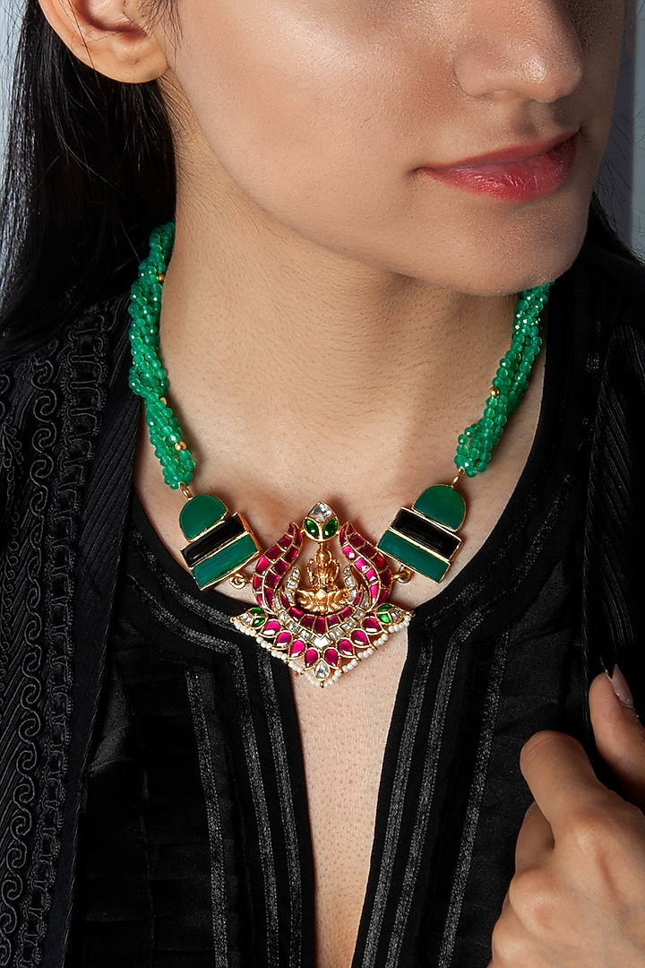 Gold Plated Kundan & Pearl Necklace In Sterling Silver by Neeta Boochra Jewellery at Pernia's Pop Up Shop