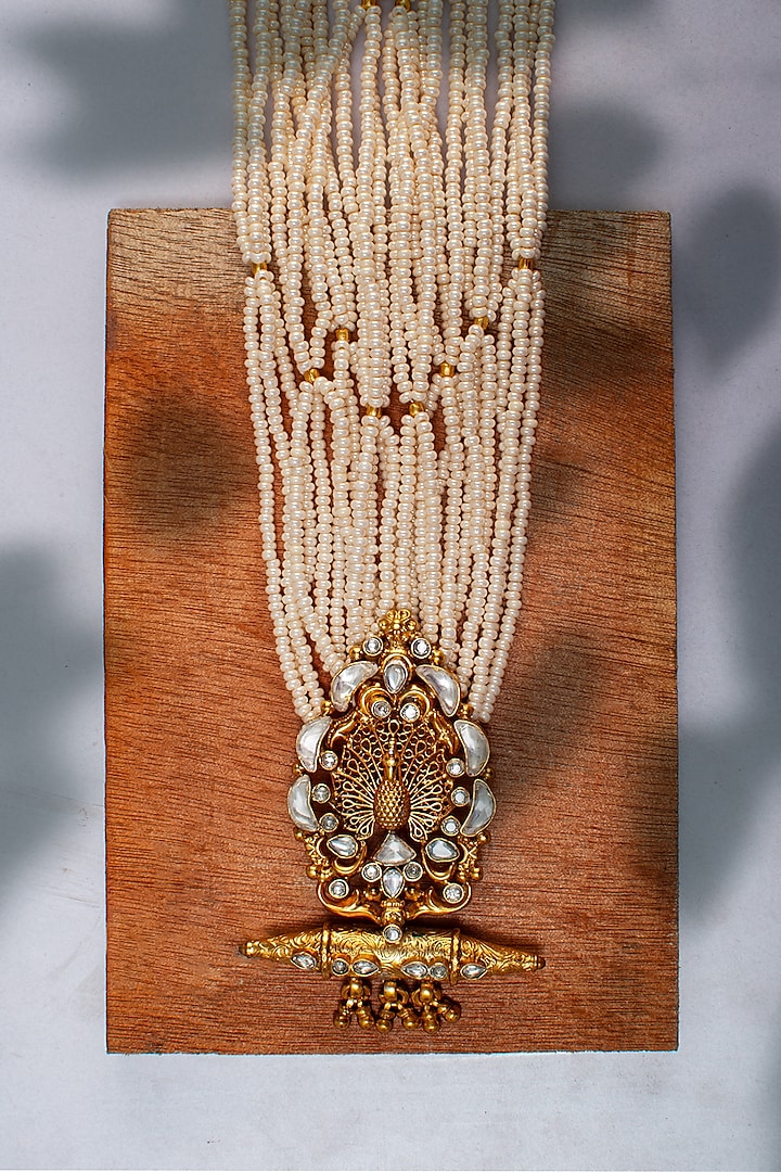 Gold Plated Kundan & Pearl Beaded Necklace In Sterling Silver by Neeta Boochra Jewellery