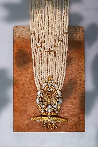Gold Plated Kundan & Pearl Beaded Necklace In Sterling Silver by Neeta Boochra Jewellery