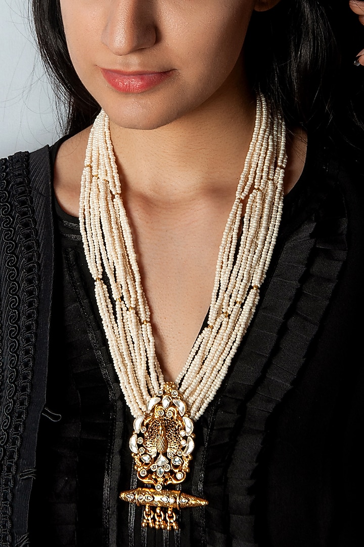 Gold Plated Kundan & Pearl Beaded Necklace In Sterling Silver by Neeta Boochra Jewellery at Pernia's Pop Up Shop