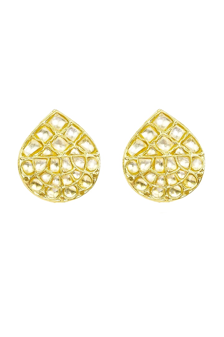 Gold Finish Stud Earrings With Kundan Polki In Sterling Silver by Neeta Boochra Jewellery at Pernia's Pop Up Shop