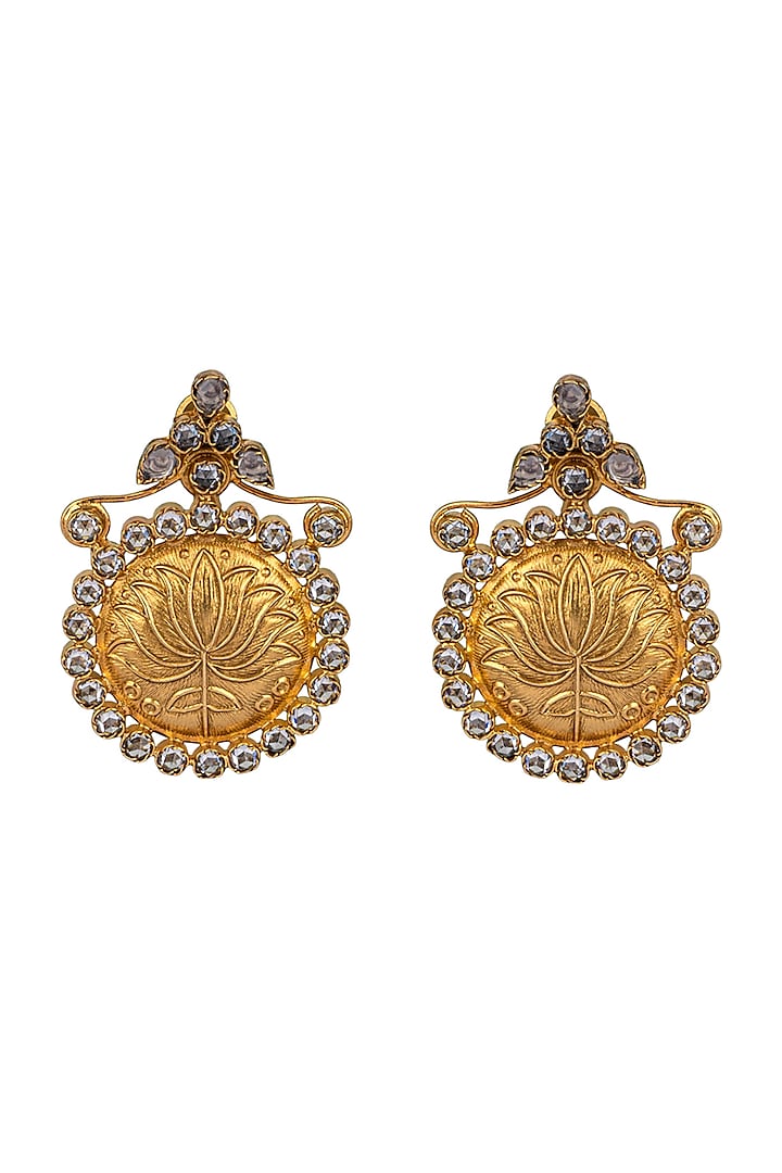 Gold Finish Lotus Stud Earrings In 92.5 Sterling Silver by Neeta Boochra Jewellery