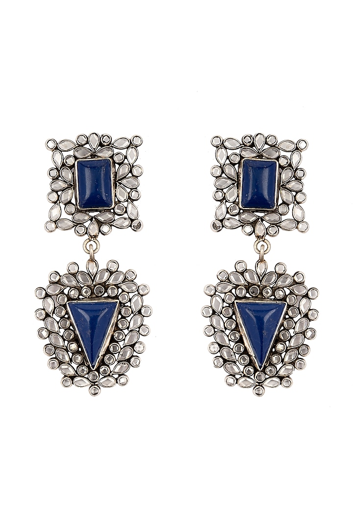 Black Rhodium Finish Blue Lapis Dangler Earrings In Sterling Silver by Neeta Boochra Jewellery