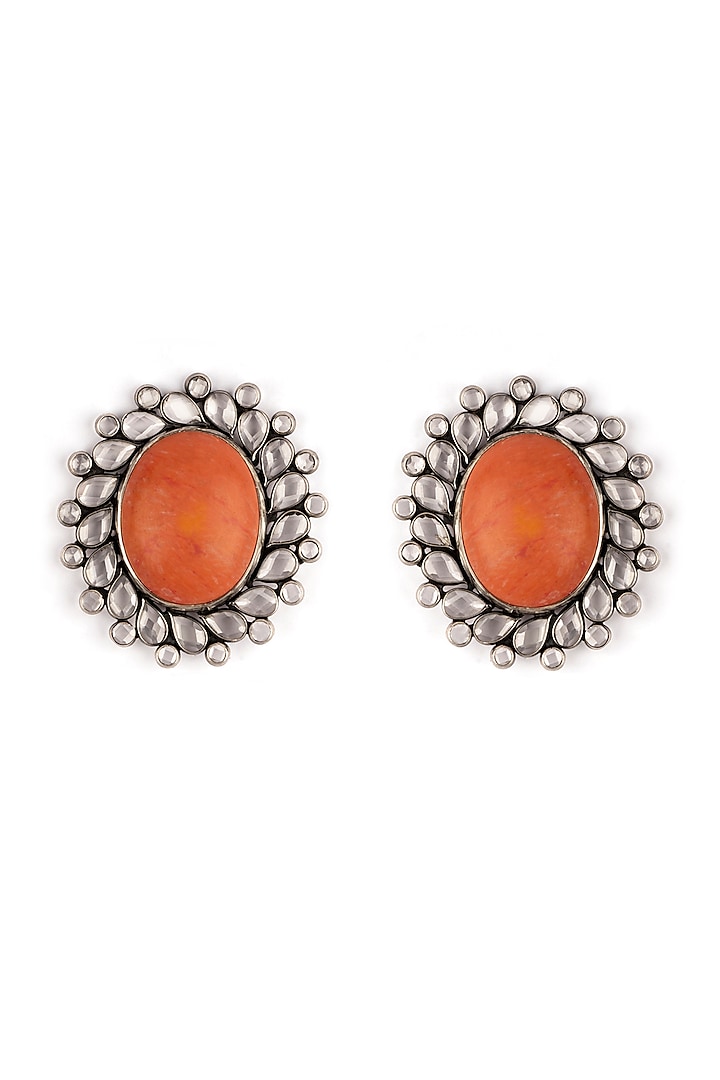Silver Finish Coral Stone Stud Earrings In Sterling Silver by Neeta Boochra Jewellery