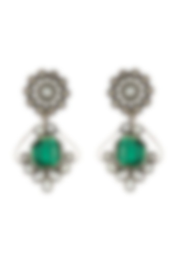 Black Rhodium Finish Green Stone Dangler Earrings In Sterling Silver by Neeta Boochra Jewellery