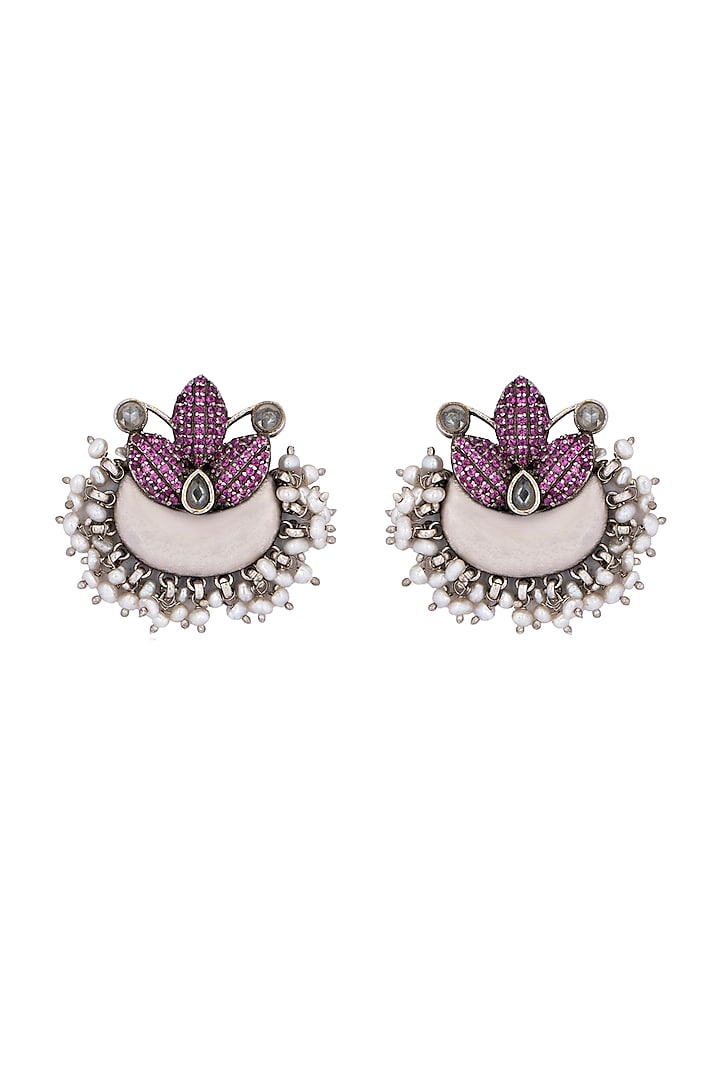 Black Rhodium Finish Pearl Floral Stud Earrings In Sterling Silver by Neeta Boochra Jewellery
