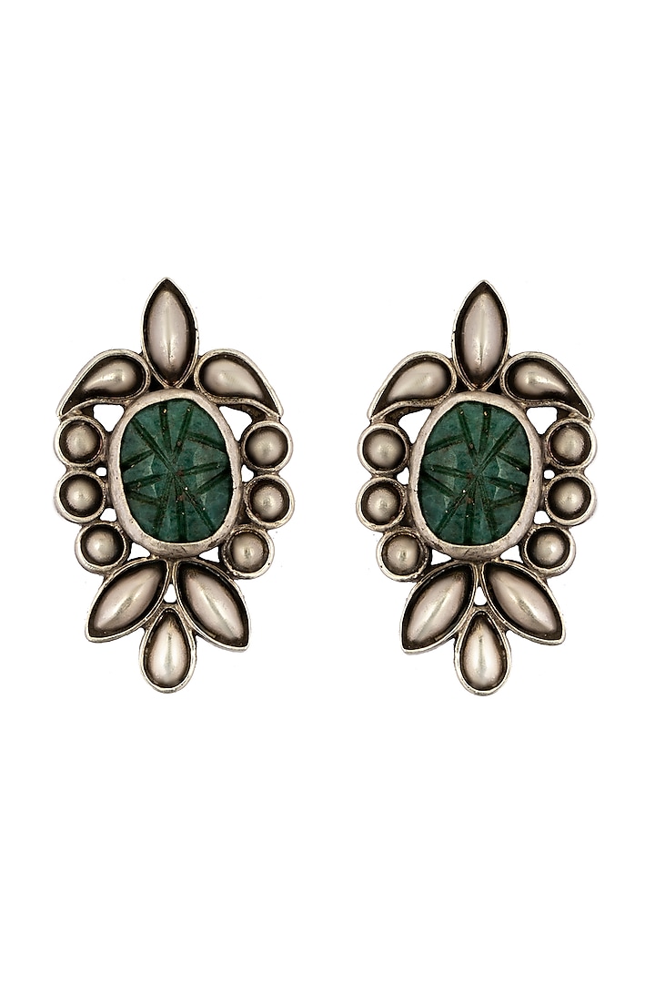 Black Rhodium Finish Green Stone Stud Earrings In Sterling Silver by Neeta Boochra Jewellery