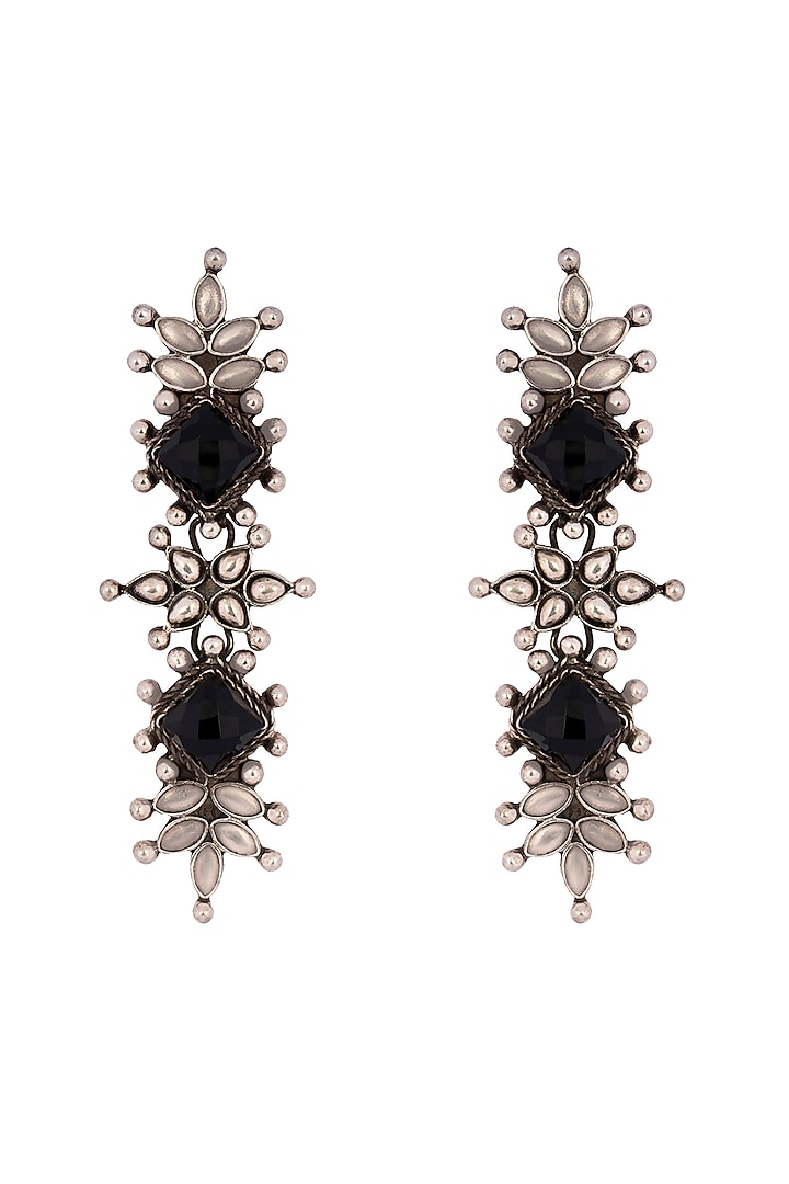 Silver Finish Black Onyx Dangler Earrings In Sterling Silver by Neeta Boochra Jewellery