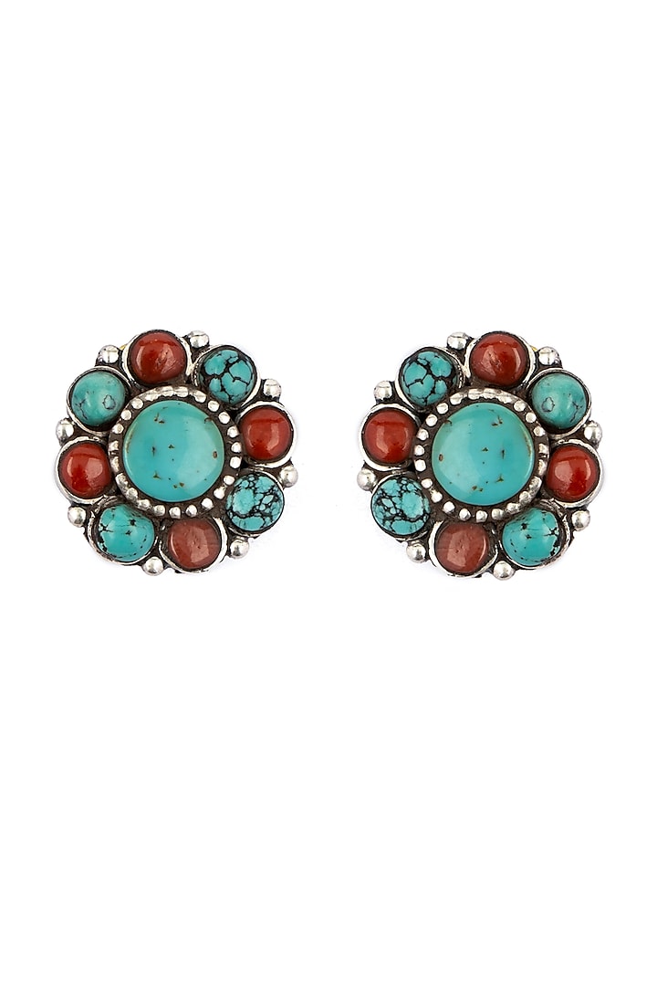 White Finish Turquoise & Red Stone Stud Earrings In Sterling Silver by Neeta Boochra Jewellery