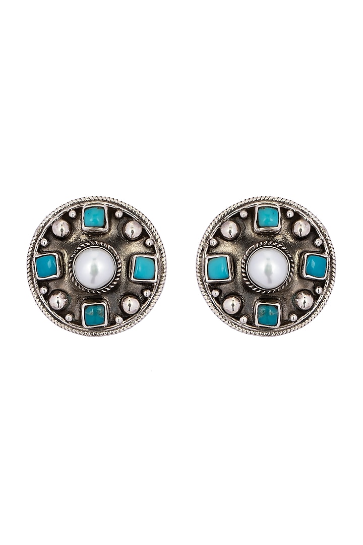 Black Rhodium Finish Turquoise Stone Stud Earrings In Sterling Silver by Neeta Boochra Jewellery
