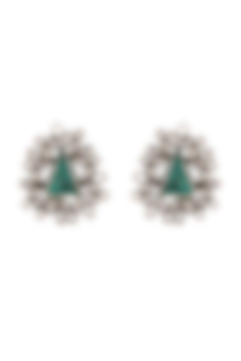 Silver Finish Green Stone Stud Earrings In Sterling Silver by Neeta Boochra Jewellery