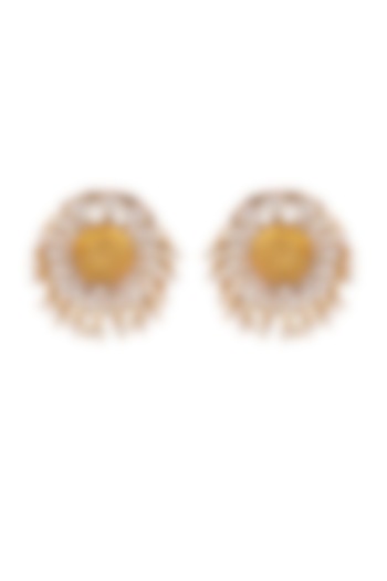 Gold Finish Kundan Floral Stud Earrings In 92.5 Sterling Silver by Neeta Boochra Jewellery
