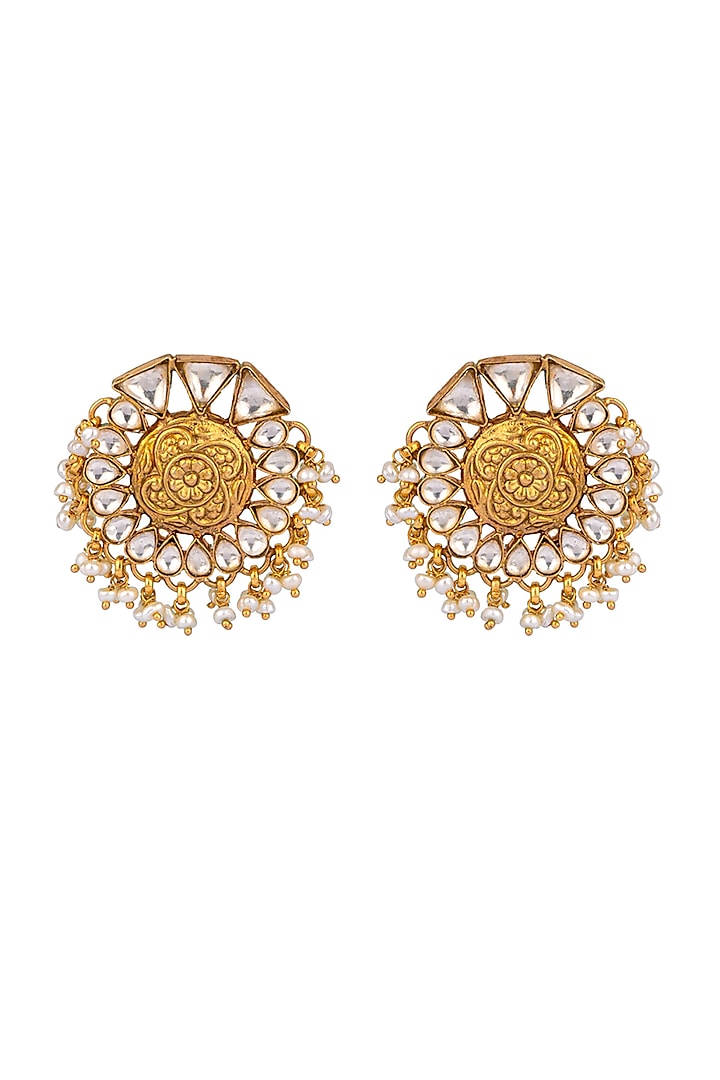 Gold Finish Kundan Floral Stud Earrings In 92.5 Sterling Silver by Neeta Boochra Jewellery