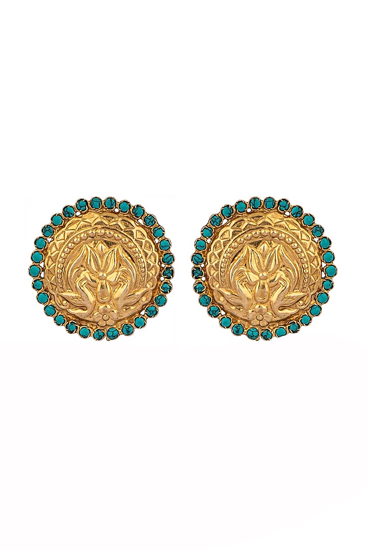Gold Finish Turquoise Synthetic Stud Earrings In 92.5 Sterling Silver by Neeta Boochra Jewellery