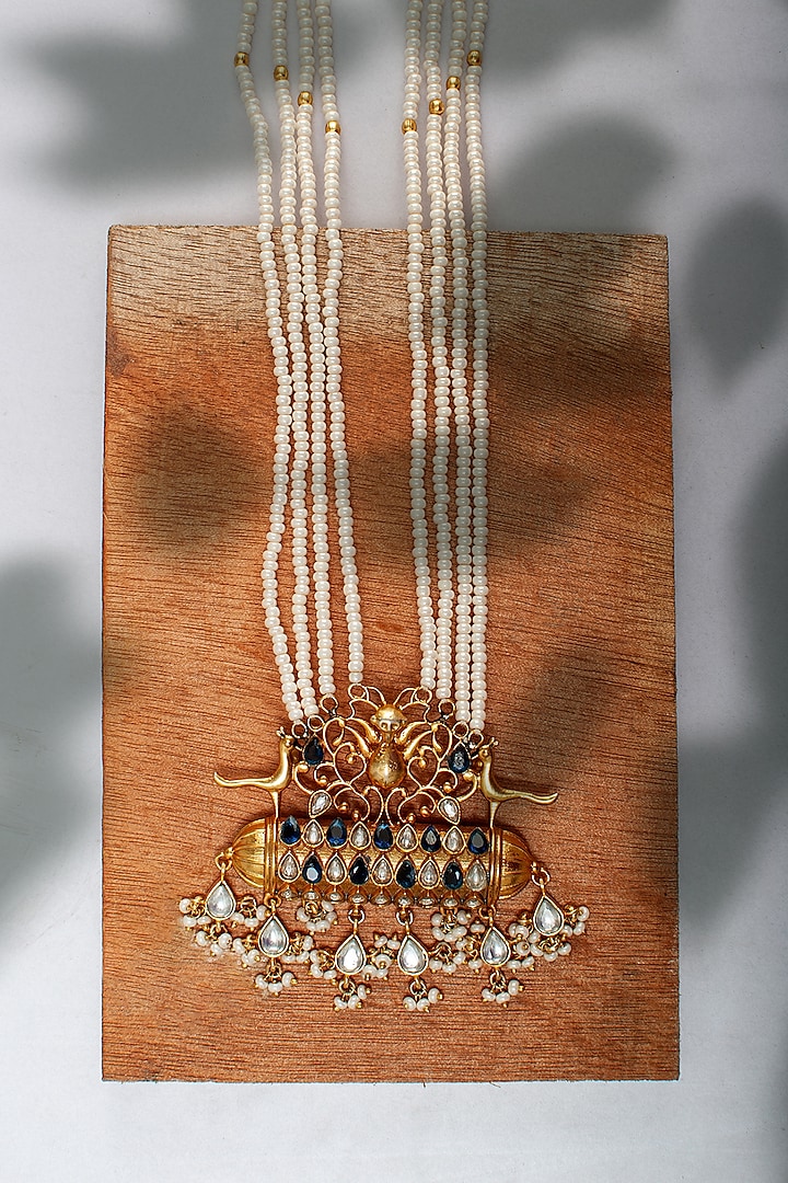 Gold Plated Pearl Beaded & Kundan Polki Necklace In Sterling Silver by Neeta Boochra Jewellery