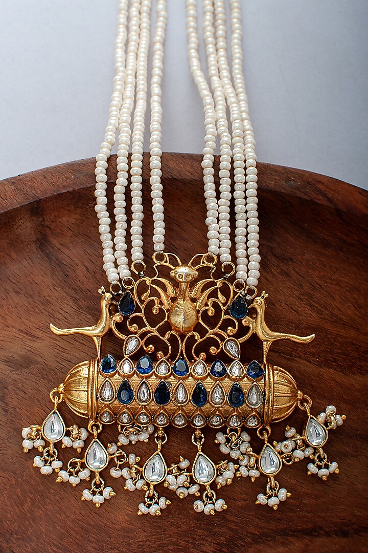 Gold Plated Pearl Beaded & Kundan Polki Necklace In Sterling Silver by Neeta Boochra Jewellery at Pernia's Pop Up Shop