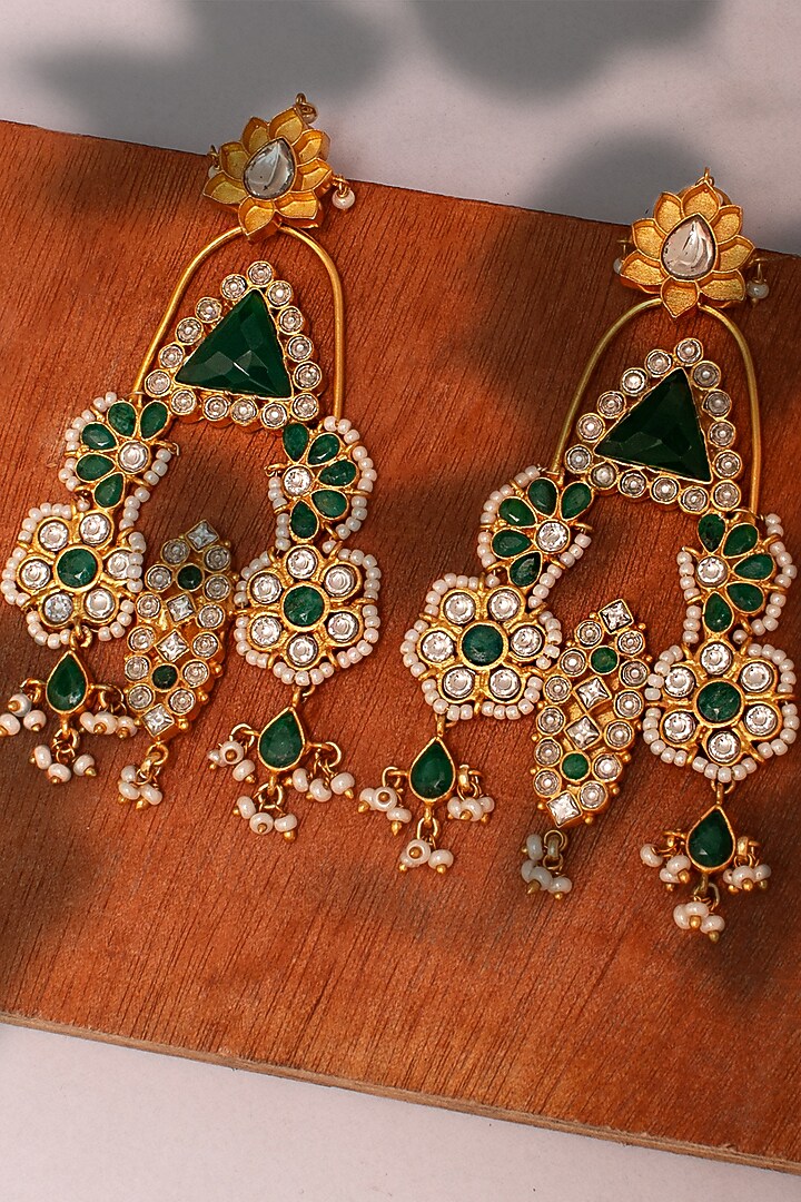 Gold Plated Green Onyx & Kundan Polki Dangler Earrings In Sterling Silver by Neeta Boochra Jewellery at Pernia's Pop Up Shop