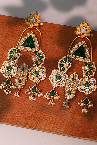 Gold Plated Green Onyx & Kundan Polki Dangler Earrings In Sterling Silver by Neeta Boochra Jewellery
