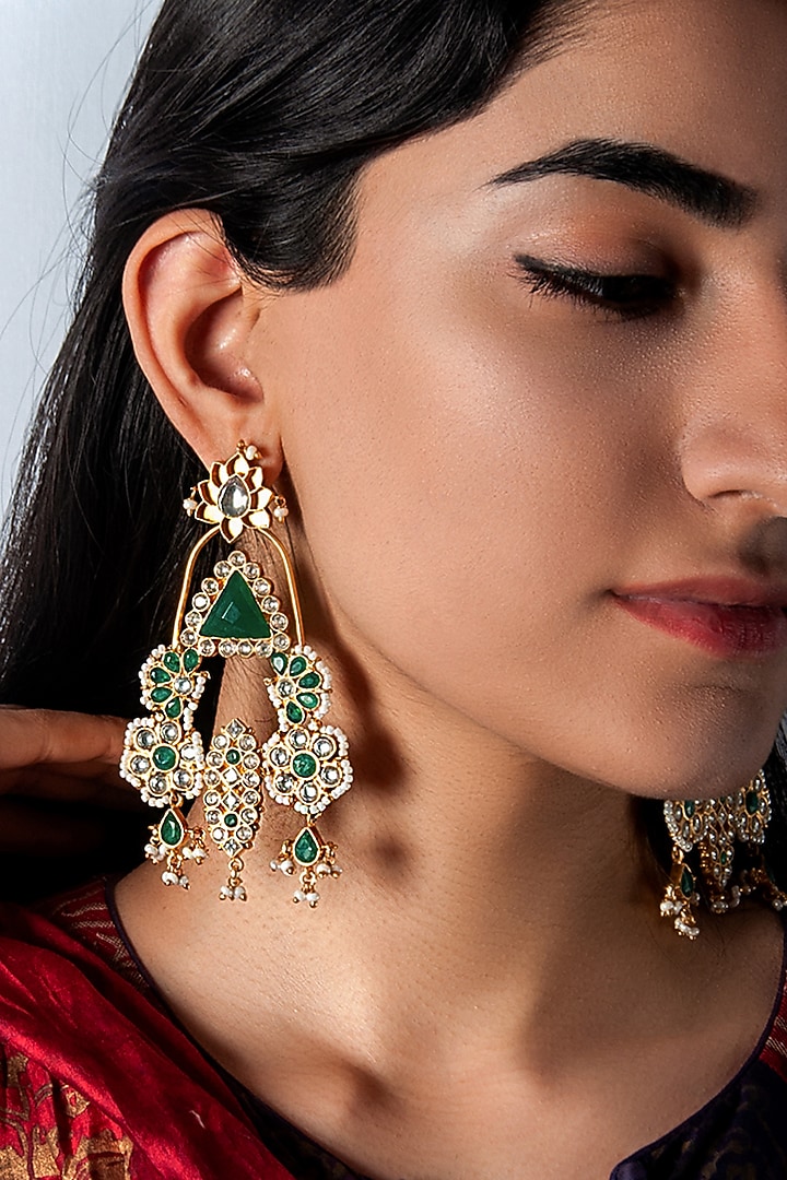Gold Plated Green Onyx & Kundan Polki Dangler Earrings In Sterling Silver by Neeta Boochra Jewellery at Pernia's Pop Up Shop