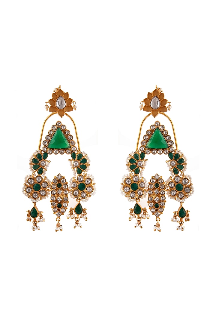 Gold Plated Green Onyx & Kundan Polki Dangler Earrings In Sterling Silver by Neeta Boochra Jewellery at Pernia's Pop Up Shop