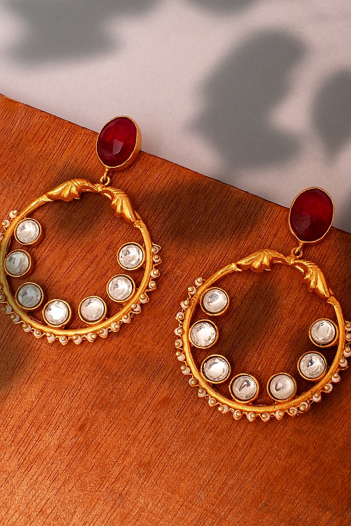 Gold Plated Ruby & Kundan Polki Dangler Earrings In Sterling Silver by Neeta Boochra Jewellery