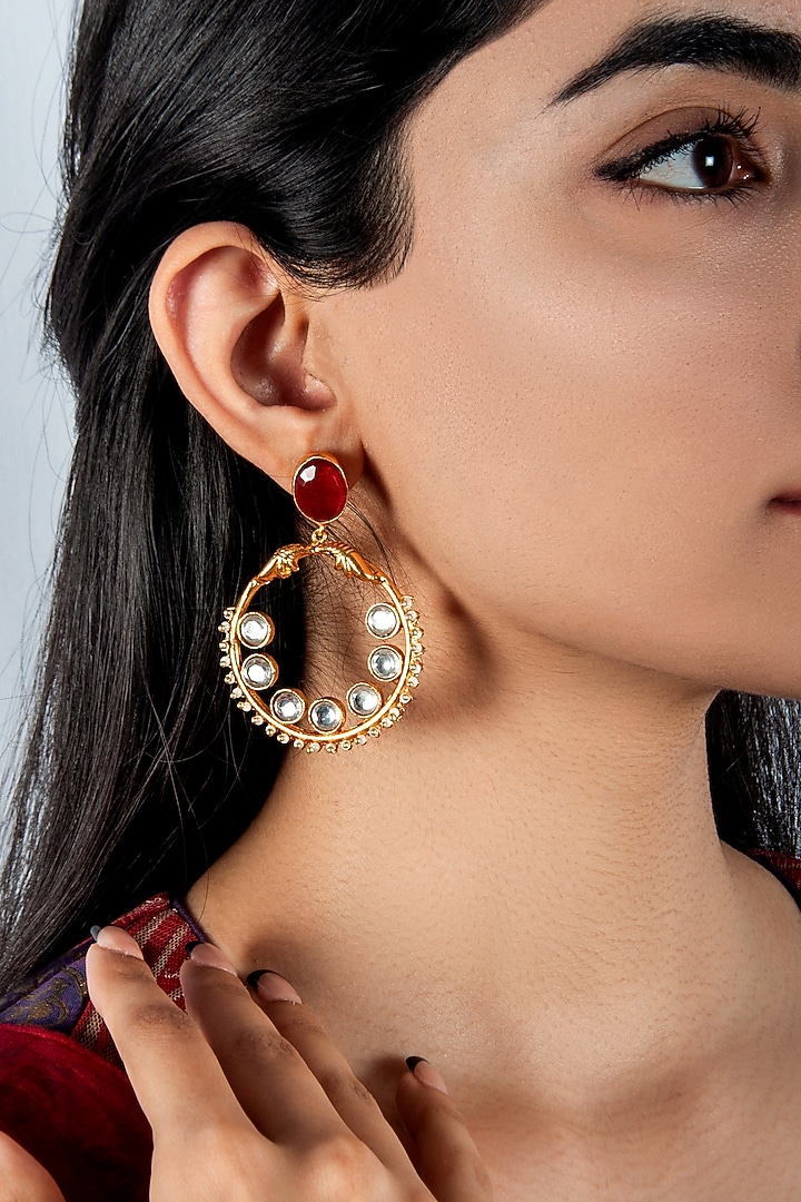 Gold Plated Ruby & Kundan Polki Dangler Earrings In Sterling Silver by Neeta Boochra Jewellery at Pernia's Pop Up Shop