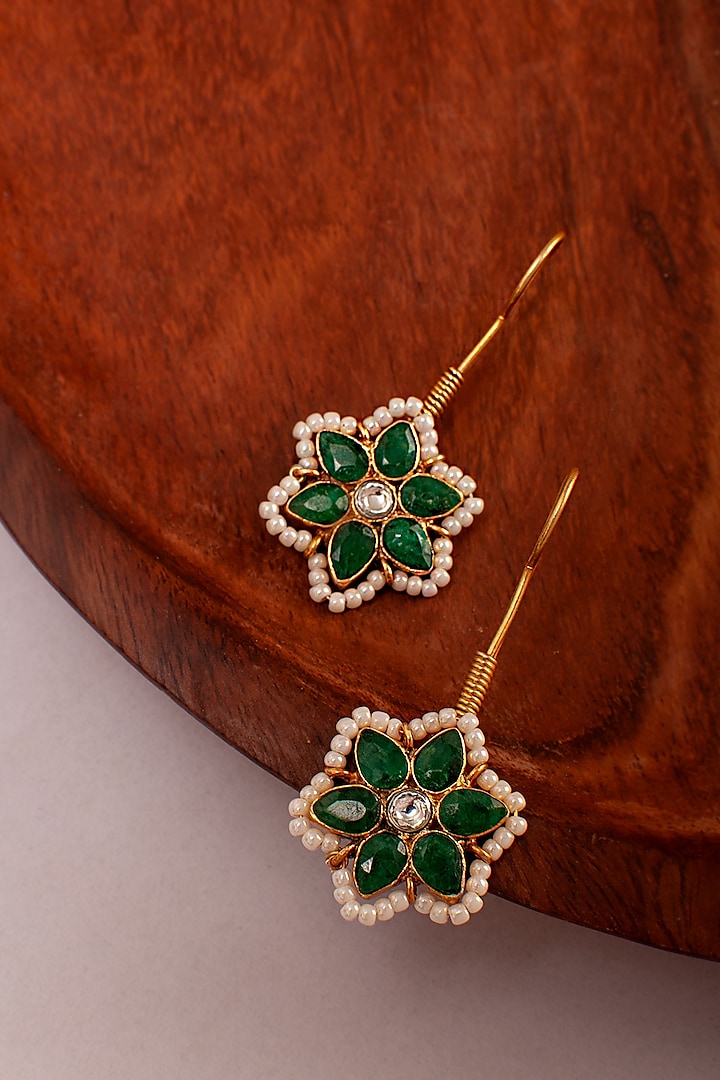 Gold Plated Green Onyx & Kundan Polki Dangler Earrings In Sterling Silver by Neeta Boochra Jewellery at Pernia's Pop Up Shop
