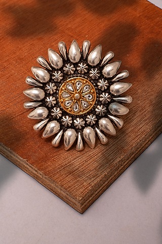 Two Tone Plated White Kundan Polki Ring In Sterling Silver by Neeta Boochra Jewellery