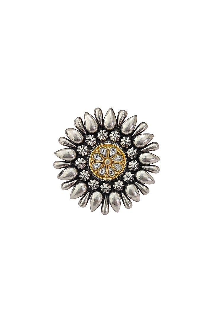 Two Tone Plated White Kundan Polki Ring In Sterling Silver by Neeta Boochra Jewellery at Pernia's Pop Up Shop