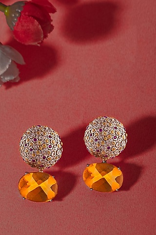 White Plated Citrine Gemstone Stud Earrings In Sterling Silver by Neeta Boochra Jewellery