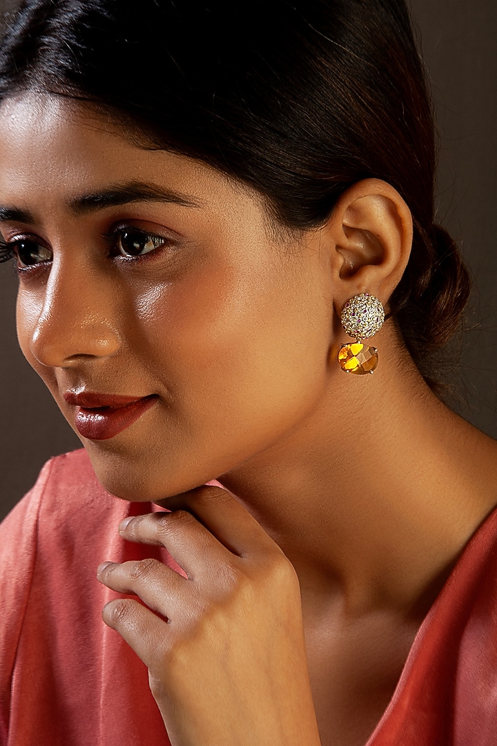 White Plated Citrine Gemstone Stud Earrings In Sterling Silver by Neeta Boochra Jewellery at Pernia's Pop Up Shop