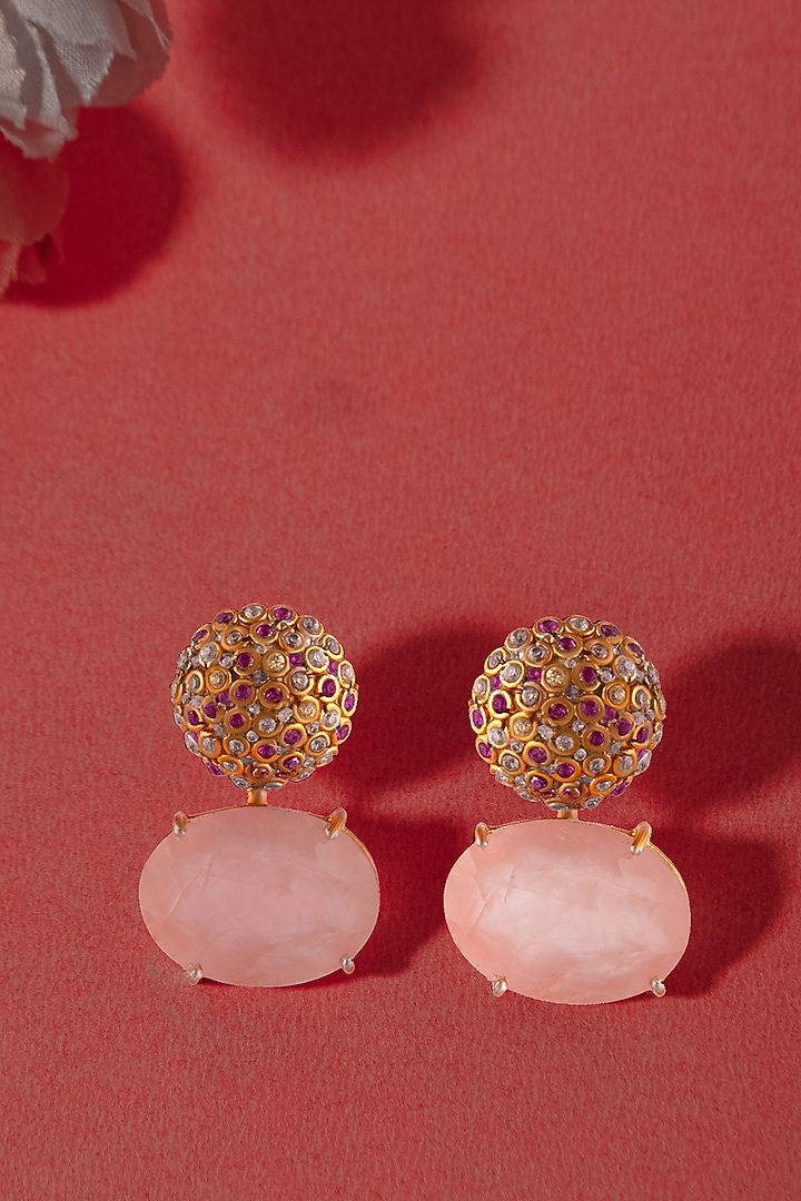 Gold Plated Rose Quartz Gemstone Stud Earrings In Sterling Silver by Neeta Boochra Jewellery at Pernia's Pop Up Shop