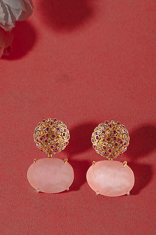 Gold Plated Rose Quartz Gemstone Stud Earrings In Sterling Silver by Neeta Boochra Jewellery